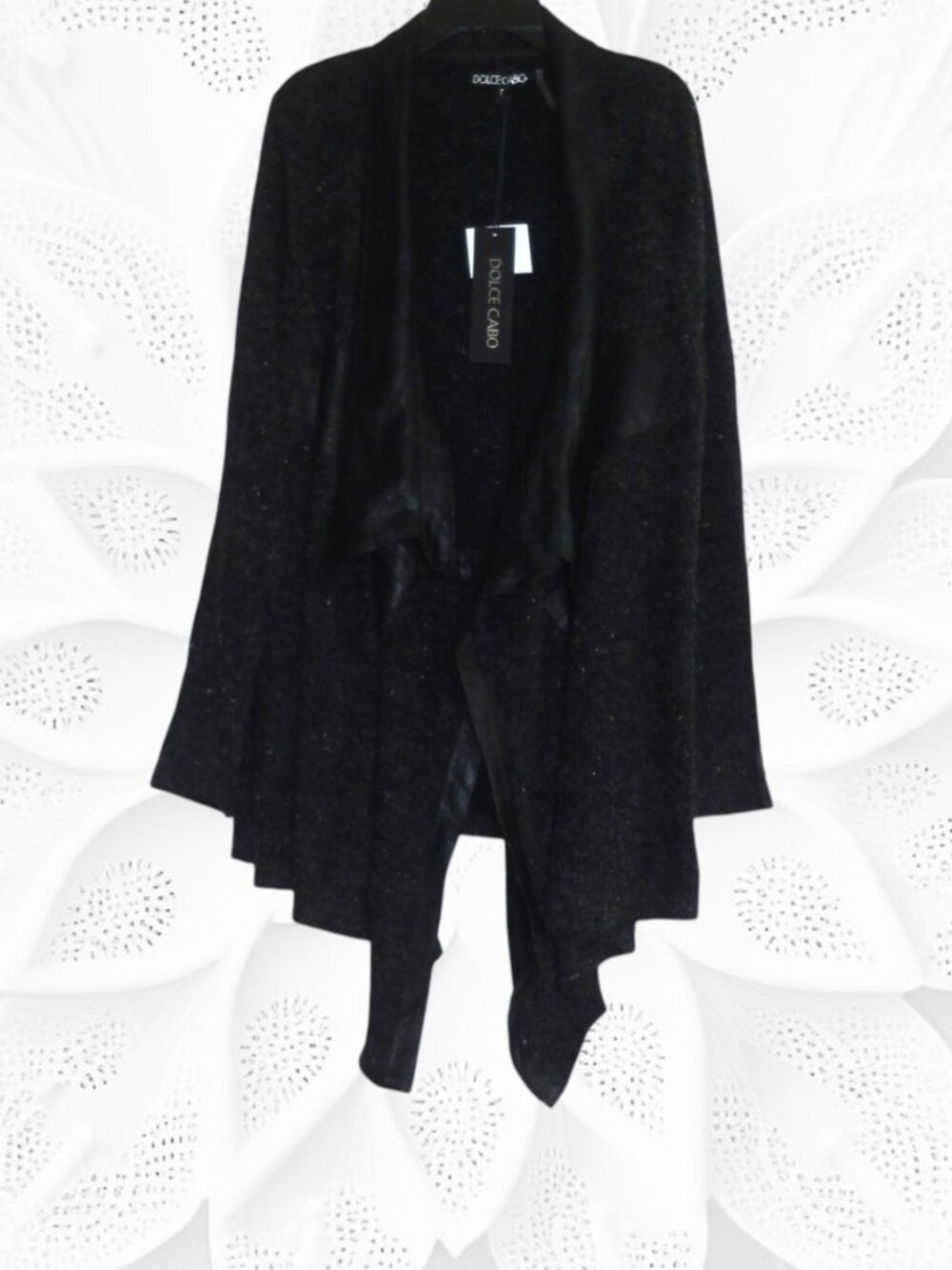 Dolce Cabo Small Black Open Front Sweater with Faux Leather Trim